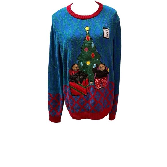 33 Degrees Blue Holiday  Sloth Christmas Tree  Ugly Christmas Sweater Size L - Picture 1 of 9